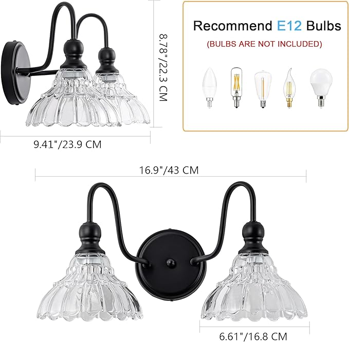 Vintage Bathroom Light Fixtures Over Mirror, 2-Light Black Wall Sconce Lighting with Flower Glass Shade, Farmhouse Vanity Lights for Bedroom Kitchen Living Room Hallway Light