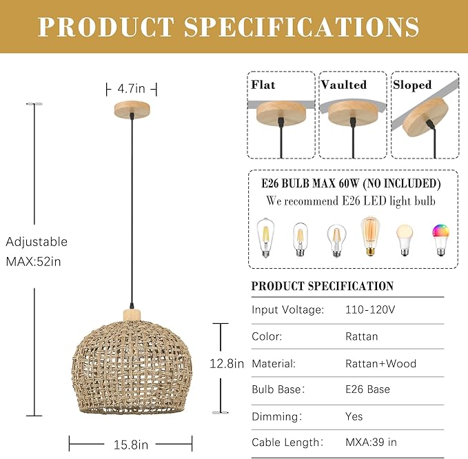 Rattan Pendant Lights Kitchen Island, 16" Wicker Hand-Woven Light Fixture Coastal Lighting Hanging Ceiling Boho Large Chandelier for Restaurants Living Dining Room Farmhouse