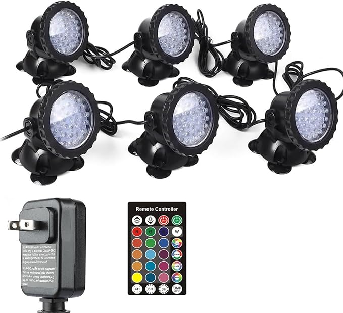 RGB Pond Light, Color Changing Fountain Lights Submersible Pond Lights, IP68 Waterproof Multi-Color Dimmable Used for Yard Spotlights Fish Pond Decoration (6 Lights)