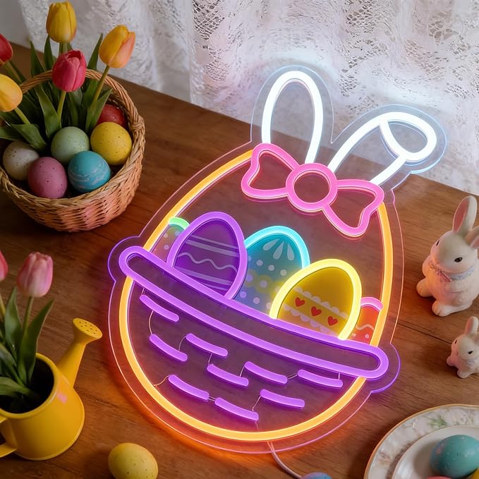 16 In Easter Egg Basket Neon Sign with Bunny Dimmable Bow Egg Basket Led Sign Neon for Wall Decor for Window Party Gifts Bedroom Holiday Spring Bar Home Business Holiday