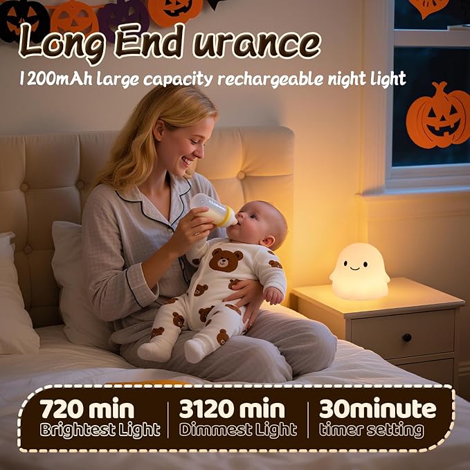Ghost Night Light Color Changing, Cute Cloud Decor with Colors & 50Hrs, Tap Control Light Up Ghost for Kids, Rechargeable Halloween Gifts, [Women Gifts]