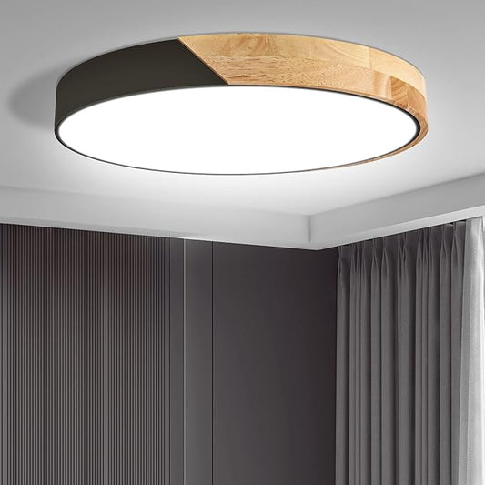 Led Ceiling Light Flush Mount: 15.8 Inch 30W Bedroom Light Fixture with Round Wood Modern Black Flat Overhead Minimalist Ceiling Lamps for Kitchen Hallway Laundry Cold White 6000K, Not Dimmable