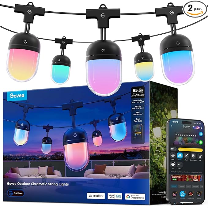 Govee Outdoor Chromatic String Lights, 65.6ft RGBIC Outdoor Lights with 55 Uni-IC Control LED Bulbs, 111+ Scene Modes, IP67 Waterproof, String lights compatible with Alexa, Google, Matter, App Control
