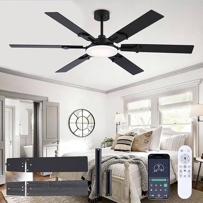 66 Inch Large Ceiling Fans with Lights and Remote, Black Modern Indoor/Outdoor Ceiling Fan for Living Room Kitchen Patio, 6 Speed Reversible DC Motor, 3 CCT Lighting, Dual Finish 6 Blades