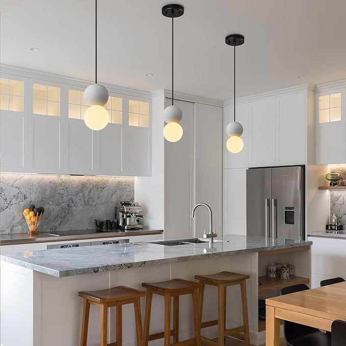 Modern 1-Light Concrete Pendant Light Kitchen Islandceiling Light Fixture White Glass Globe Ball Pendant Lighting for Dining Room Coffee Club Resturant Bar Living Room(2-Pack)