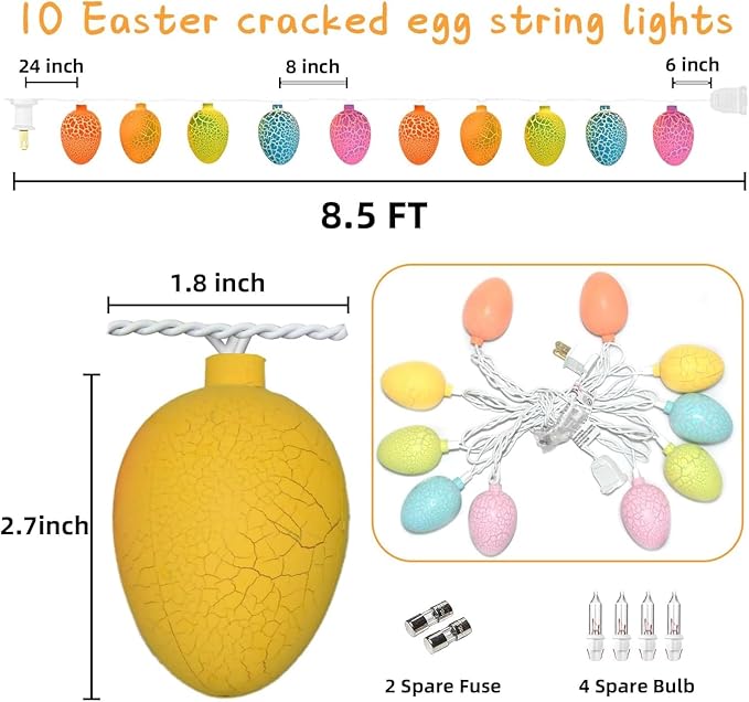 Egg Easter Lights Decorations, 10 Lights 8.5FT Multi Color Lights White Wire Pastel String Lights for Easter Decorations Outdoor Indoor, Plug in