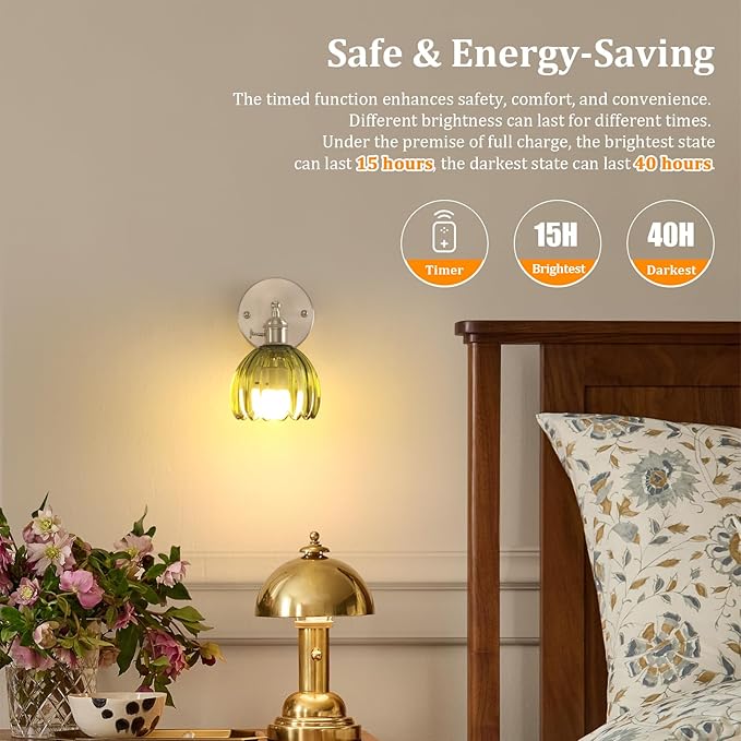 Battery Operated Wall Sconce with Cute Green Tulip Glass Lampshade Rechargeable Wireless Wall Light with Remote Control for Bedside Bedroom Doorway, Satin Nickel, Set of 2