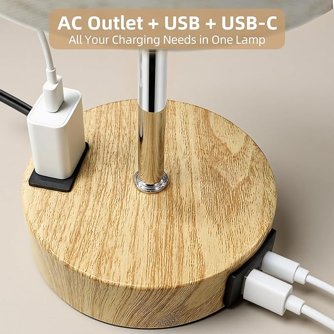Table Lamp for Nightstand, High-Sensitivity Touch, 3-Level Dimmable Bedside Lamp with AC Outlet | USB | and USB-C, Ideal Night Stand Lamp for Bedroom, Reading, Living Room (Warm&Wooden)