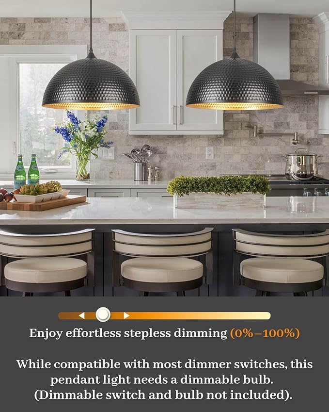 16 inch Black and Gold Pendant Light 2 Pack, Hammered Large Industrial Pendant Lights Kitchen Island, Black Dome Pendant Light for Kitchen Island, Dining Room, Bar