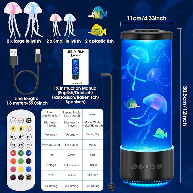 Jellyfish Lamp Bluetooth Speaker,12 White Noise Jelly Fish Table Night Light, 10 Color Changing 2 Lighting Modes,Mood Lamp for Home Office Sleep Relaxation, Gifts for Kids Children Adults,Home Decor