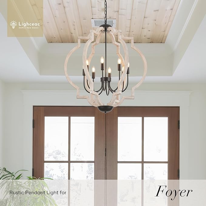 8-Light 30.5" Farmhouse Orb Chandelier Rustic Handmade Distressed White Wood Hanging Ceiling Pendant Light Fixture Wood Lantern Chandeliers for Dining Room Kitchen Bedroom Foyer Hallway