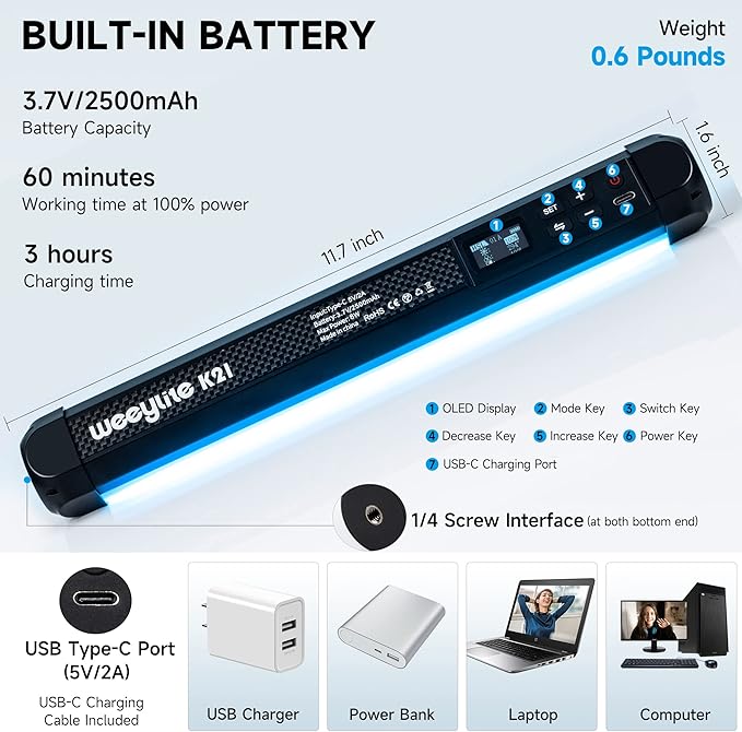 weeylite K21 2 Pack Magnetic RGB Tube Light, App Control Handheld RGB LED Video Stick Light Wand for Photography with Type-C Charging CRI 95+ 2500K-8500K LCD Display 3.7V/2500mAh Rechargeable Battery