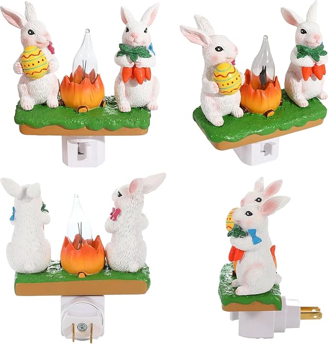 Easter Egg Bunny Campfire Flickering Night Light, Easter 3D Rabbit Night Light Plug in, Bunnies Figurine Lamps, Easter Decorations Indoor