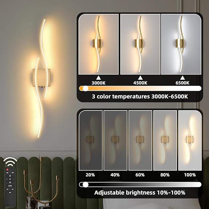 Battery Powered Wall Sconces Set of 2, Gold 31.4" LED Dimmable Wall Sconce with Remote Control/Timer/Memory, USB Rechargeable Wall Lights for Living Room, Bedroom, Hallway Wireless scones Lighting