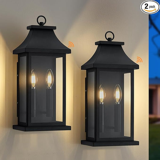 tewei 18'' Dusk to Dawn Outdoor Light Fixture, Porch Lights Outdoor Wall Sconce Lantern, 2-Light Black Exterior Lighting Fixture Wall Mount, Outside Light for House Garage, 2-Pack