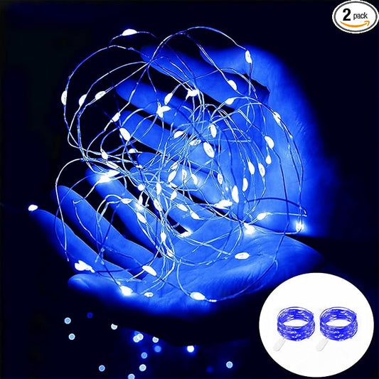 Blue Battery Operated LED String Lights 7Ft 20 LED Silver Copper Wire Fairy Ambiance Lighting for Home Bedroom Patio Camping Halloween Diwali Christmas Decoration-2Pack