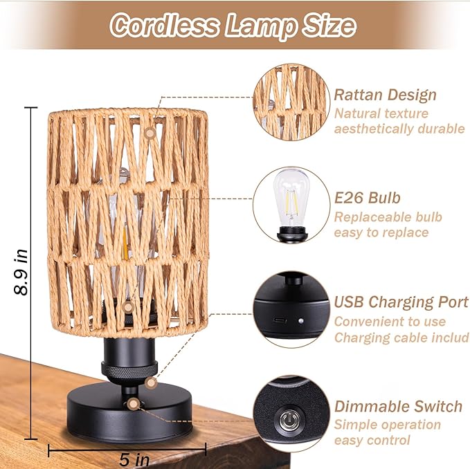 Cordless Rechargeable Outdoor Table Lamps, Battery Operated Table Lamp, Stepless Dimmable for Patio, Living Room, and Bedroom (Bulb Included) - Set of 2 (Beige)