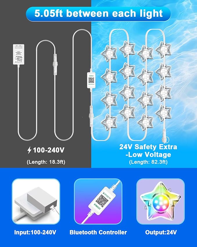 RGB+IC Pool Lights for Inground & Above Ground Pools, Submersible Underwater Pool Lights with App & Remote Control, 16M Colors, Timer, IP68 Waterproof, 100FT Swimming Pool Lighting