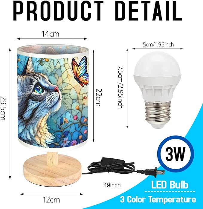 Cat and Butterfly Table Lamp LED 3-Color Pressed Bedside, Cat and Butterfly Shade Lamp with Wood Base for Bedroom Living Room Desk Office TL01