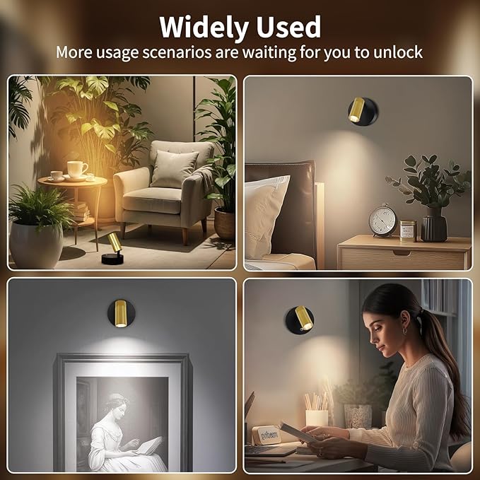 Spotlight Indoor, Wireless Uplighting Indoor with Remote Dimmable, 350° Rotate,Rechargeable Battery Powered Ceiling Spotlight for Artwork Painting Tree Plant Picture Lights Black and Gold