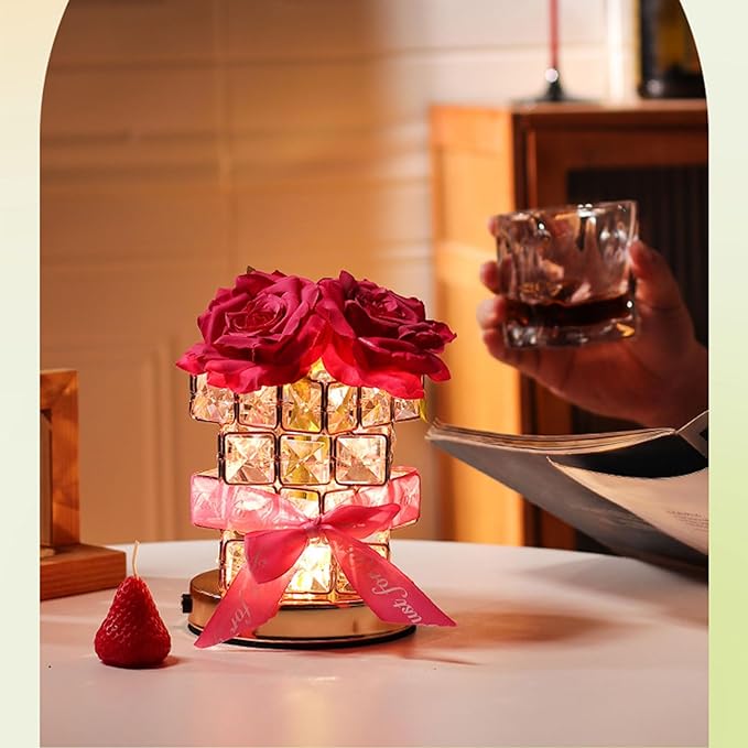 Crystal Table Lamp, Rechargeable Cordless Rose Light 3 Colors Dimmable Flower Lamp, Romantic LED Diamond Lamp for Bedroom Living Room Decor, Valentine Birthday Gift for Her (Rose Red)