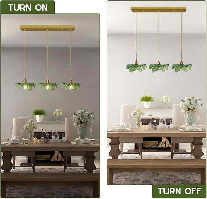 Glass Pendant Lights Kitchen Island Vintage Chandelier Modern Pendant Lighting 3-Light Hand Blown Gold Mid Century Modern Pendant lamp with Green Glass Shade for Dining Room Bedroom