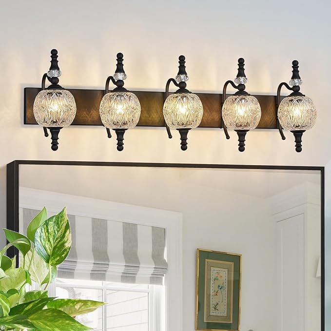 Modern Crystal Bathroom Vanity Lights Fixtures Over Mirror Black Vintage 5-Lights 36 Inch Bathroom Light Fixtures Glass Crystal Vanity Lights
