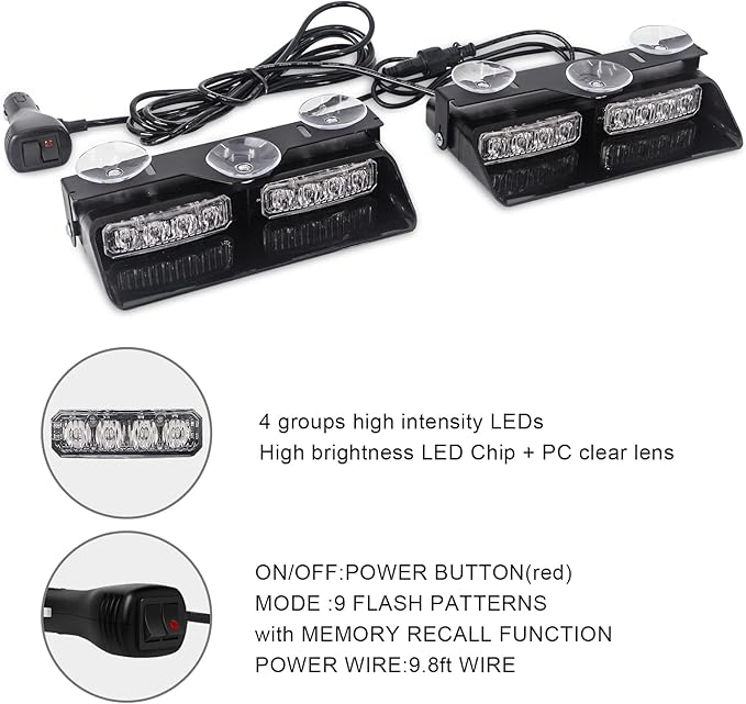 XRIDONSEN White 2 in 1 Dash Emergency Strobe Lights Front/Rear Windshield Lights Warning Safety Flashing w/Suction Cups for Volunteer Vehicles, Trucks（White