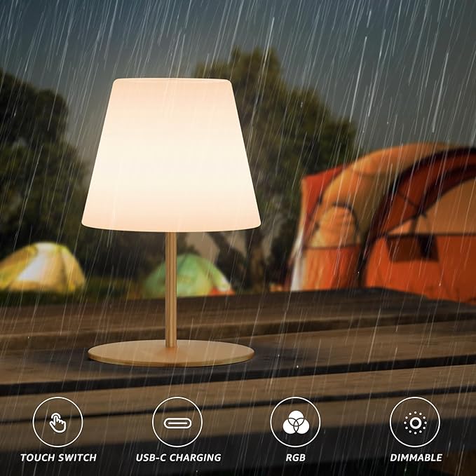 uuffoo 2 Pcs Shower Lamp Rechargeable Table Lamp, Cordless Desk Lamps Bathroom Lamp Touch Warm White and RGB IP44 Shower-Safe, USB-C Cable, Easily Portable for Bedroom Bathroom Balcony Patio (Gold)