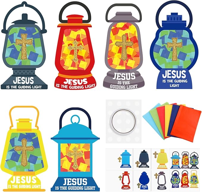 30 Sets Easter Crafts Christian Sunday School Craft for Kids Jesus Lights The Way Tissue Sign Lantern DIY Religious Oil Lamp Tissue Paper Christian Gift for Camping VBS Church Activity