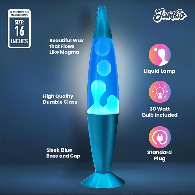 JAMBO 16" Beautiful Lamp- Blue with White/Blue Wax, Relaxing Liquid Light, Night Light Nightlight, Home Decor Living Room Office Bedroom Lamp for Adults Teens Kids, Magma Motion