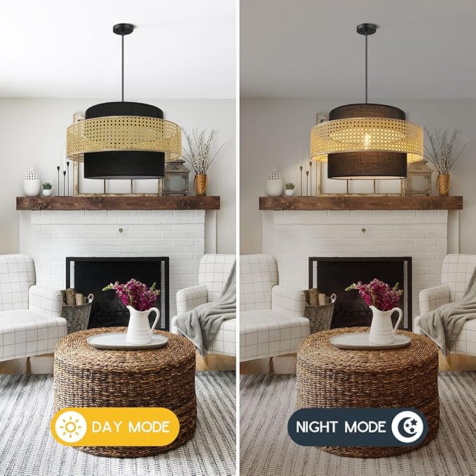 Boho Rattan Pendant Lights Hand-Woven Wicker Hanging Light Farmhouse Basket Pendant Light Fixture Black Shade Rattan Chandelier for Living Room Dining Room Kitchen