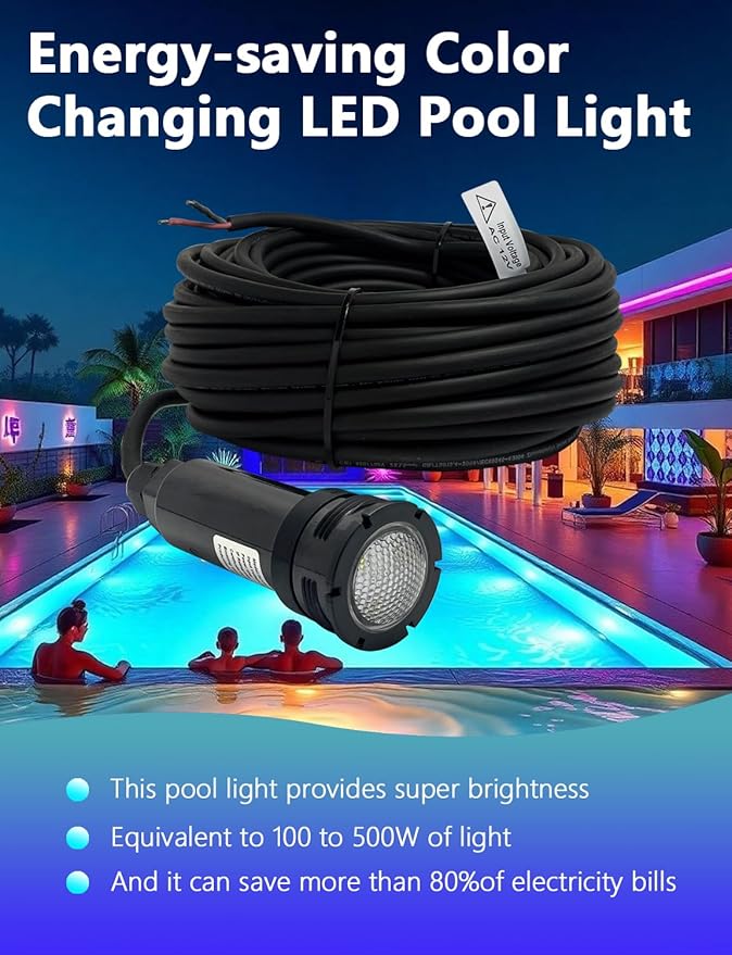 Replacement for Jandy HydroCool LED Pool Light RGBW 12W 12VAC 1.5 Inch Watercolors Nicheless, 100ft Cord 12Volt Pool Light for Inground Pools, Spa, Swim, Color Changing Energy Efficient