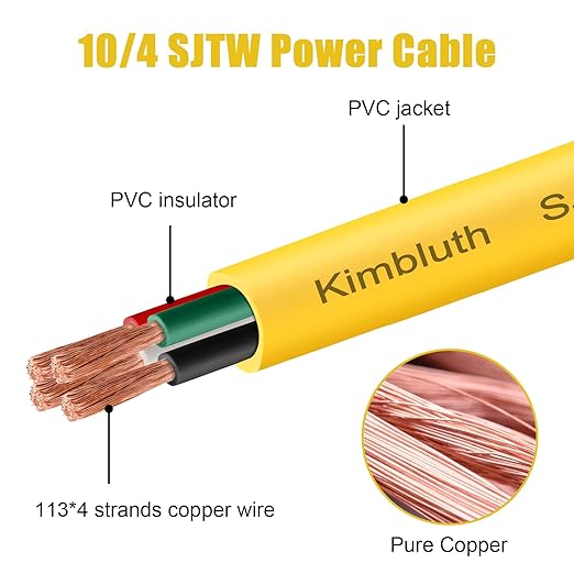 SJTW 10/4 Wire 100FT Heavy Duty Copper Wire, 10 Gauge 4 Conductor Outdoor Extension Power Cable for Battery, Automotive， Motor, Industrial