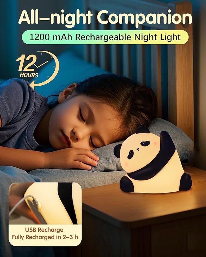 Panda Night Light, Rechargeable 3 Level Dimmable LED Squishy Nursery Nightlight, Food Grade Silicone Animal Night Lamps Cute Bedside Touch Lamp for Breastfeeding Holiday Gift for Boys & Girls