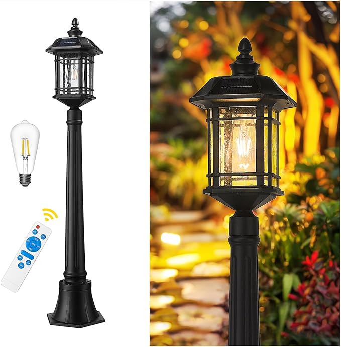 Emliviar Outside Solar Powered Post Light, Black Pathway Light with Remote Control, Dusk to Dawn LED Outdoor Solar Pole Lighting, Bulb Included, Seeded Glass, 2084PL-SL BK