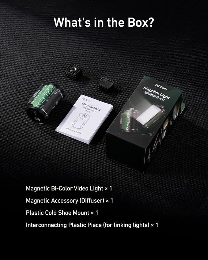 TELESIN Magnetic Bi-Color LED Video Light | Cold Shoe Mount for DSLR Photography Attachment | Rechargeable Camera Light | CRI 95+& 2700-7500K | Camera photography lighting For Vlogging Content Creator