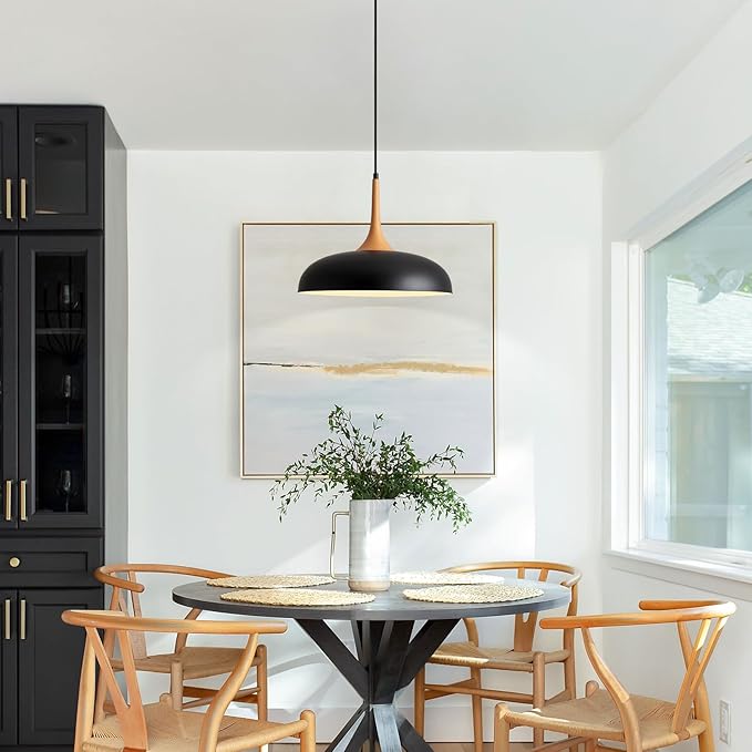 Oversize Black Pendant Lights Kitchen Island,Modern Pendant Light Fixtures,Farmhouse Adjustable Hanging Pendant Lighting Foyer Entryway Hallway Bedroom Dining Room Living Room,Faux-Wood,Large 15.75 in