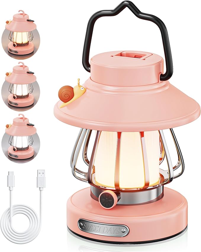 HOMY Pink Retro Kids Camping Lantern, 3-Color Dimmable Portable LED Night Light with Handle, Vintage Decorative Lamp for Toddlers, Gift for Tent, Backyard & Indoor Play