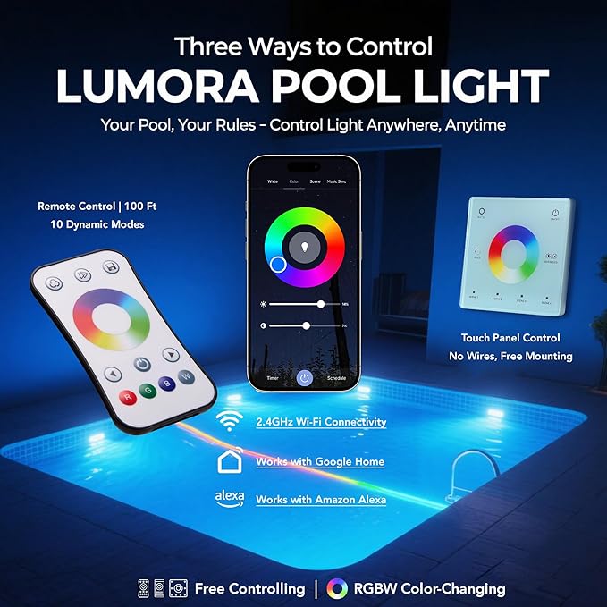 HQUA LUMORA 50W LED Pool Light for 10" Wet Niche - 120VAC, 100ft Cord, Smart Control (App/Remote/Wall Panel), Dimmable RGB Color-Changing Underwater Light (10 inch 100ft)
