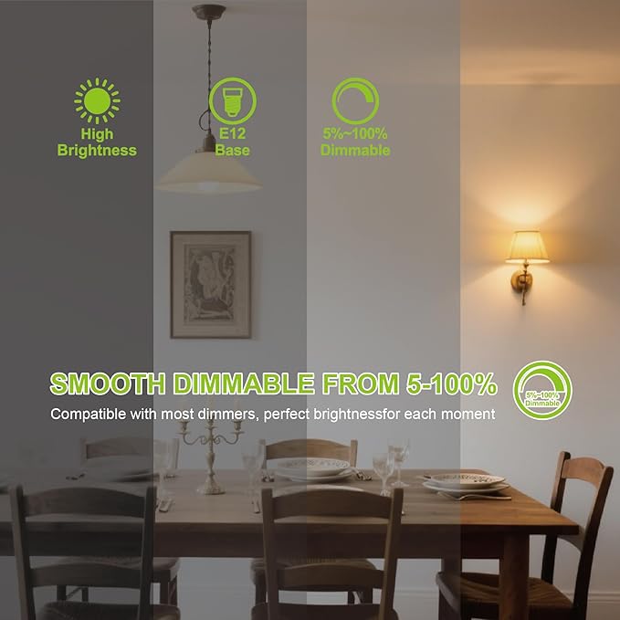 E12 Dimmable 60W Equivalent LED Chandelier Light Bulbs, 4.5W Clear 5000K Daylight White 500LM B11 Vintage Filament Candle Light, 6 Pack