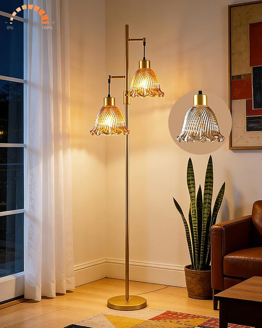 65IN Glass Floor Lamp, 2-Light Gold Tall Standing Lamps Dimmable with Brown Glass Lampshade, 3000K Warmwhite Mid Century Modern Floor Lamp for Living Room/Bedroom/Sofa Beside/Home Decor