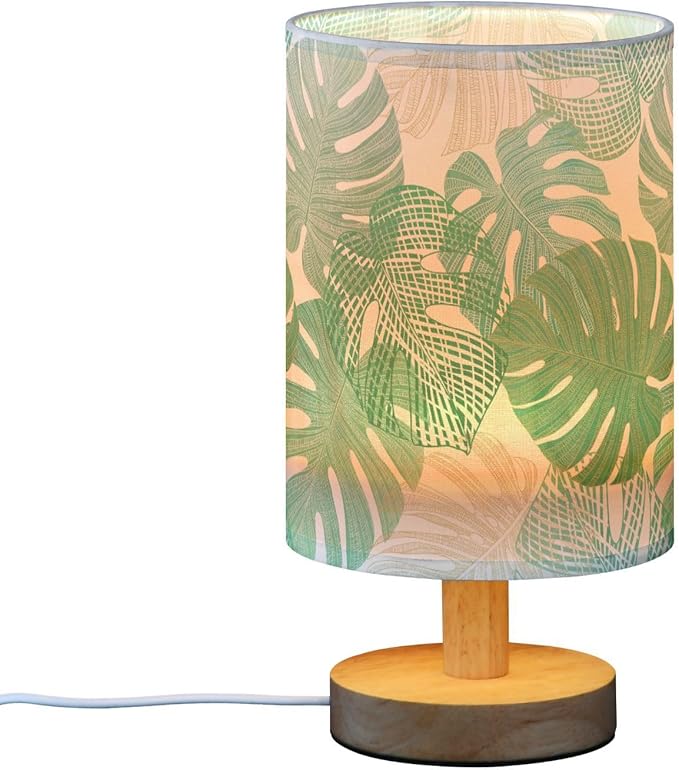 Monstera Leaf Tropical Leaves Jungle Foliage Table Lamp with Wood Base Fabric Lamp Shade Bedside Nightstand Desk Lamp for Living Room Bedroom Kids Room Office