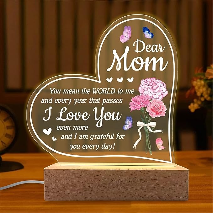 Carnation Heart Shape 3D Crystal Acrylic Light with Wood Stand, LED Night Light for Kids Room Decor, Gift for Mom on Birthday or Holiday, Home Decor Art Display