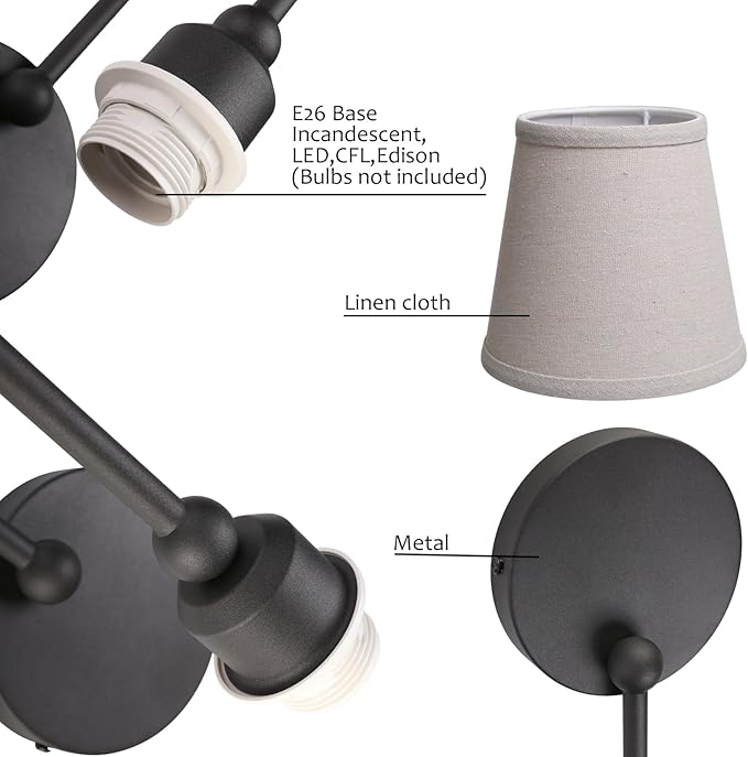 Pathson Antique Linen Fabric Wall Sconces Set of 2, Hardwired Curved Arm Bathroom Vanity Light, Indoor Wall Decor Lamp for Living Room, Kitchen, Bedroom, Foyer