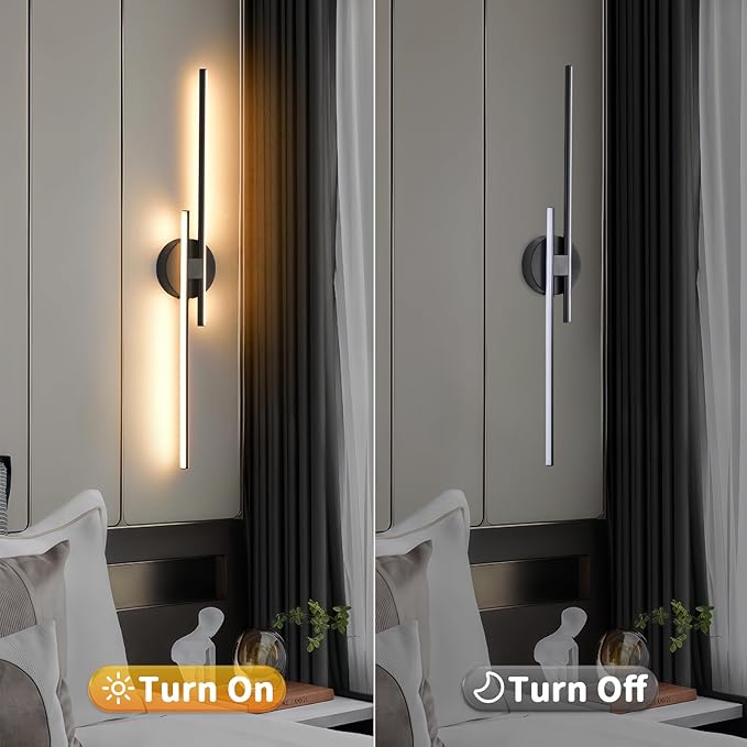 Rechargeable Battery Operated Wall Sconce Set Of Two, Black Wireless LED Wall Sconces With Remote Control, Dimmable 3 Colors Cordless wall lights for Living Room, bedroom, Hallway, 31.4 Inch ( 2pcs)