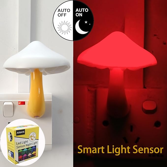 AUSAYE 3 Pack Sensor LED Night Lights Plug in Lamp Mushroom Light for Adults Kids NightLight Bedroom,Bathroom,Toilet,Hallway,Stairs,Kitchen,Basement Red