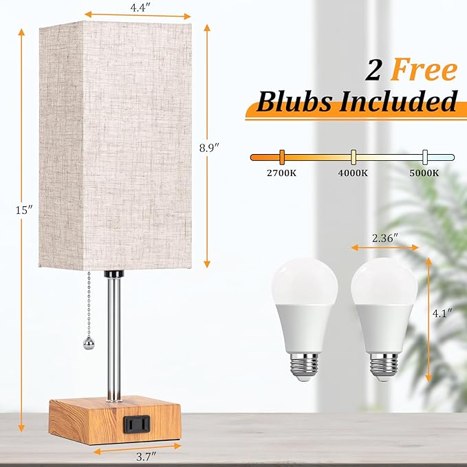 Table Lamp for Bedroom set of 2,3-Color Bedside Lamps with Pull Chain Table Lamps for Nightstand with AC Outlets,Small Night Light Lamps with 2 Bulbs Lamps for Living Room Kids Room Office Decor（Wood）