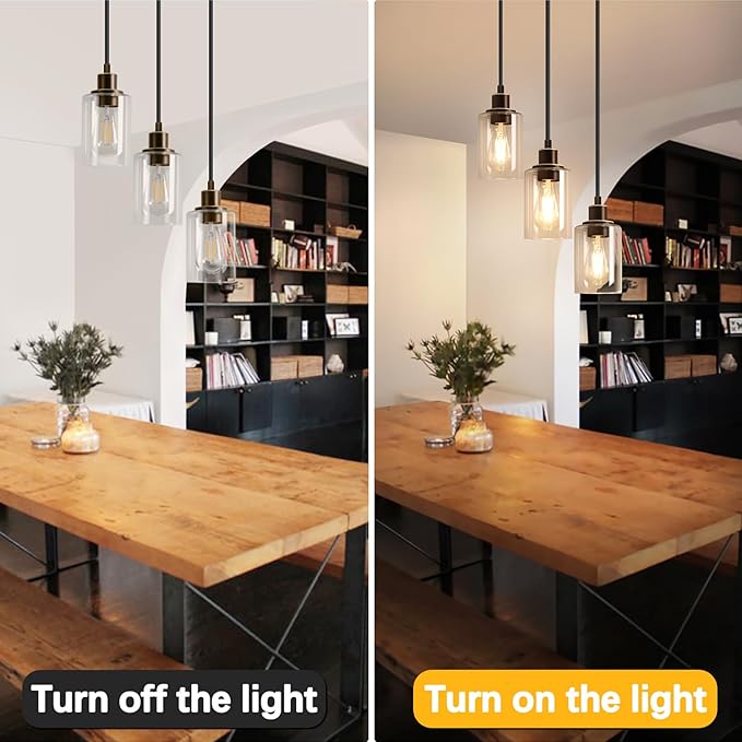 MAXvolador Industrial 3-Light Pendant Light, Adjustable Hanging Light Fixture with Clear Glass Shade, Pendant Lighting E26 Base Ceiling Lamp, Oil-Rubbed Bronze