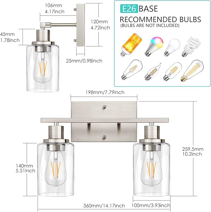 ShineTech 2-Light Bathroom Light Fixtures, Modern Vanity Lights with Clear Glass Shade, Brushed Nickel Bathroom Vanity Light Over Mirror, Living Room